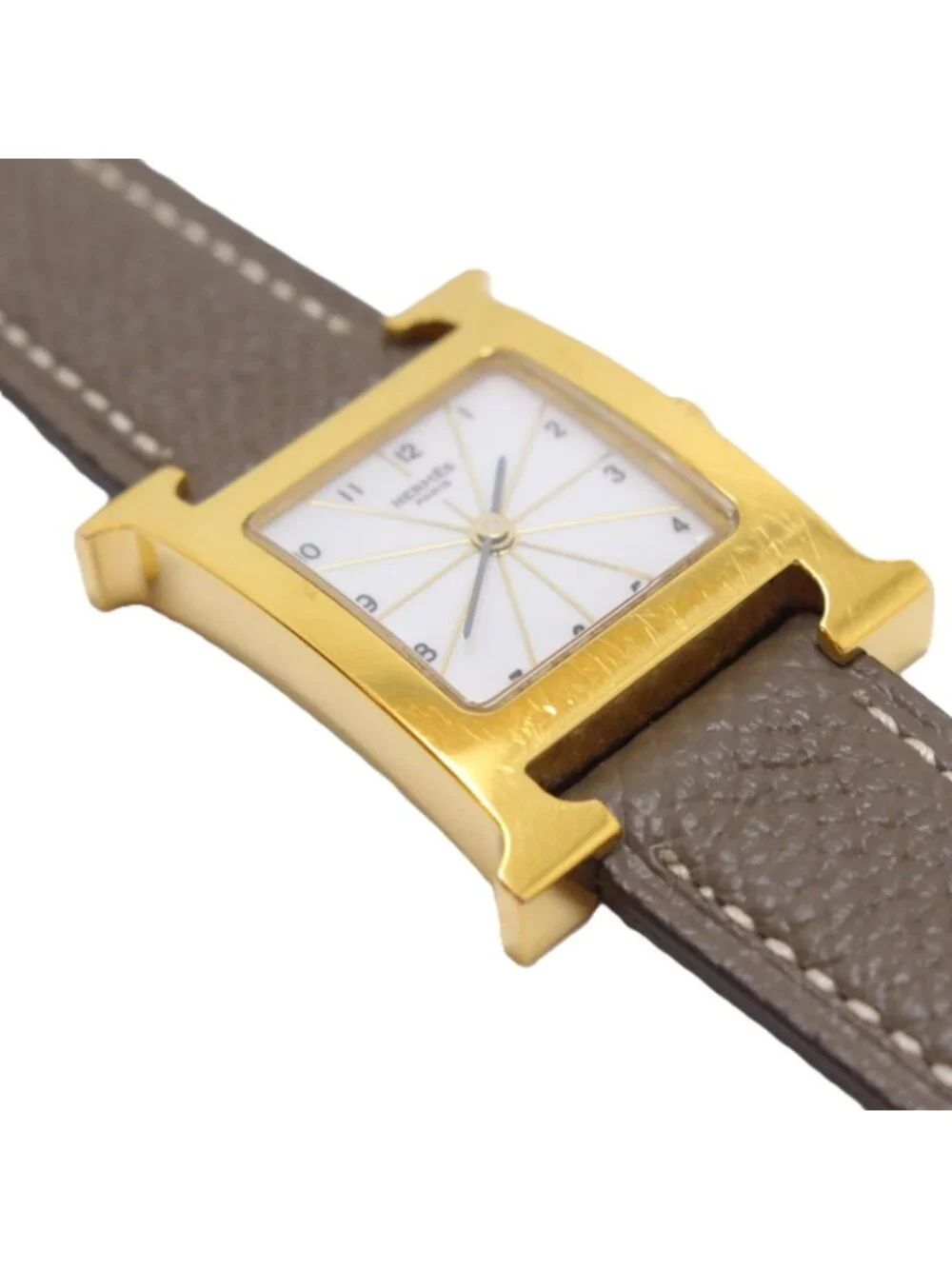 Hermes H Watch Leather Strap White Arabic Dial Quartz